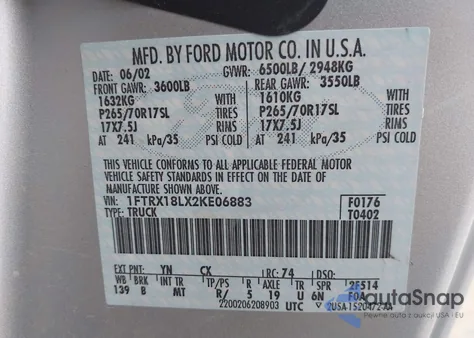 2002 Ford F-150 Lariat/Xl/Xlt from USA, damaged, VIN 1FTRX18LX2KE06883